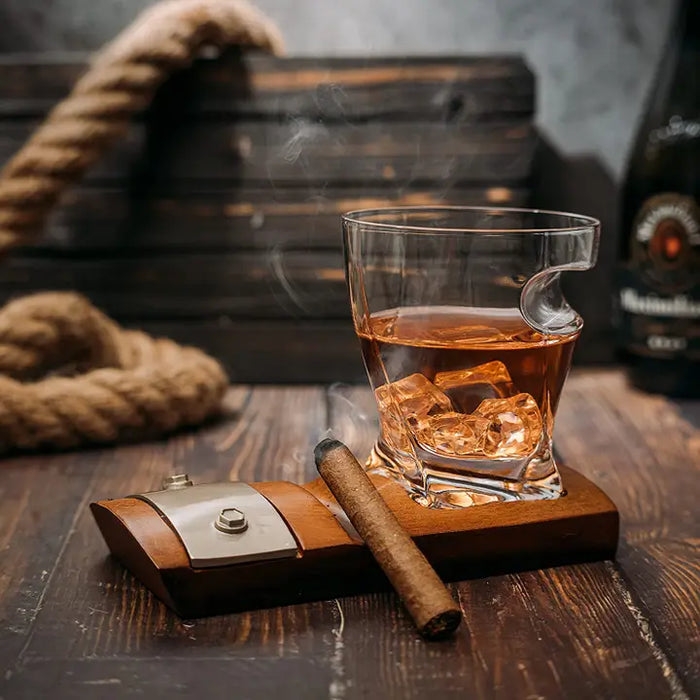 Whiskey Glass & Cigar Coaster Set