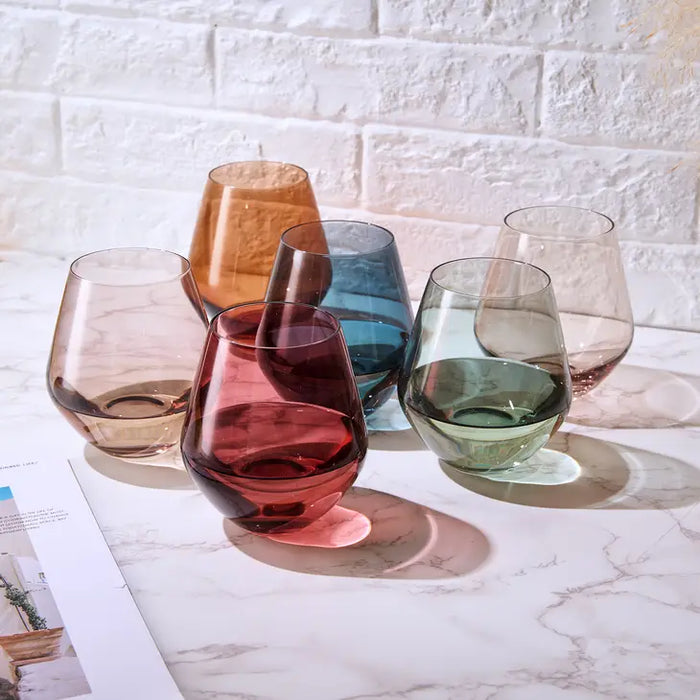 Pastel Colored Stemless Crystal Wine Glasses - 6 Set