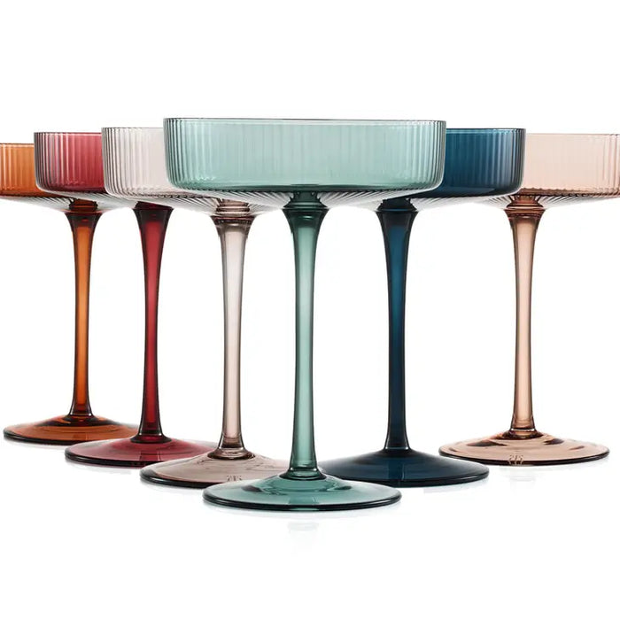 Art Deco Ribbed Pastel Coupe & Cocktail Glasses, Set of 6