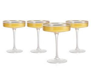 Gilded Crystal Coupe Glasses, Ribbed - Set of 4