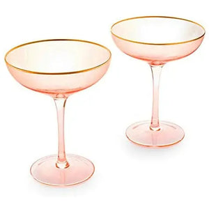 Gorgeous Gilded Pink Rim Coupe - 2 Martini/Cocktail Glasses