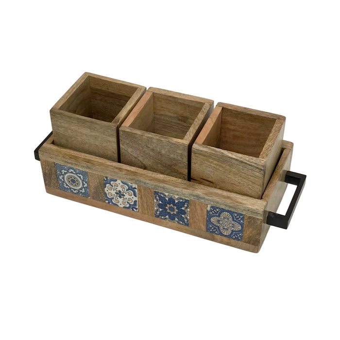 Hand-Painted Tile in Mango Wood 4-Piece Organizer