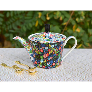 Teapot - Mad Hatter Alice in Wonderland Black with Flowers