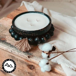 Black Beaded Round Pottery Bowl Soy Candle