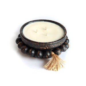 Black Beaded Round Pottery Bowl Soy Candle