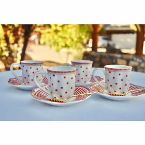 Demitasse Red White Polka. Boxed Set of 4 Espresso Coffee Cups
