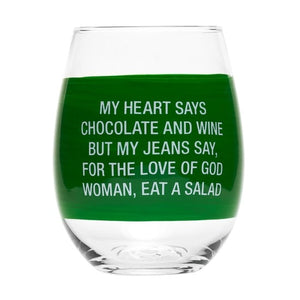 Heart Versus Jeans Wine Glass