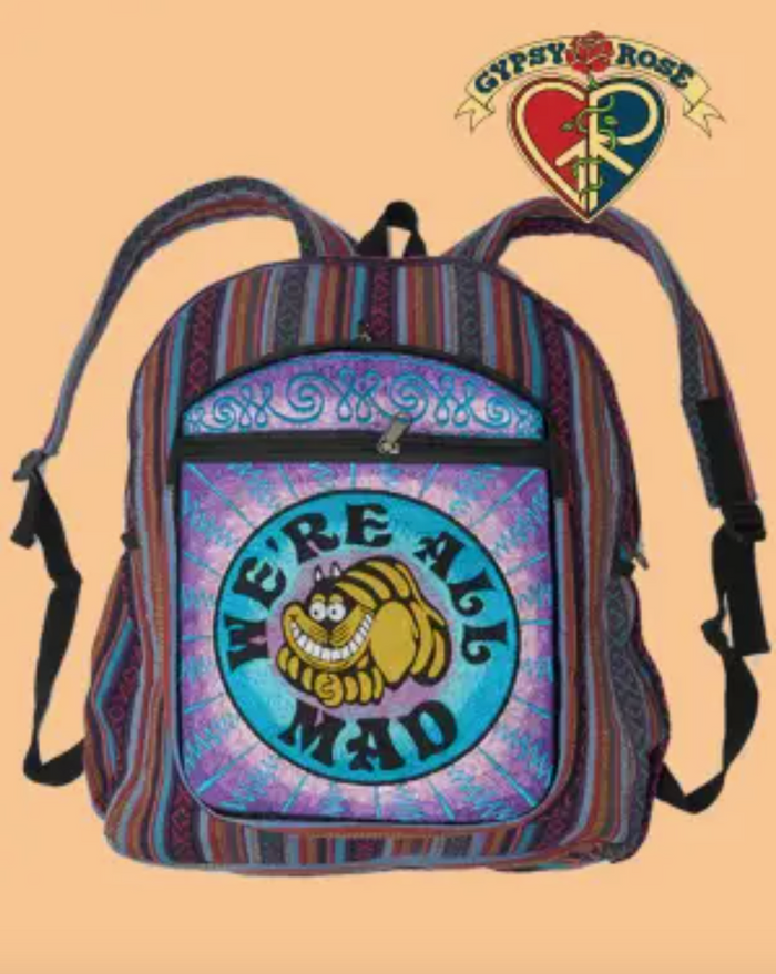 Were All Mad Cheshire Cat Hand Embroidered Gheri Backpack
