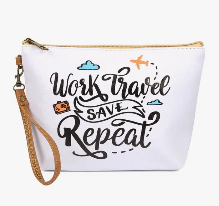 "Work, Travel, Repeat" Cosmetic Wristlet Bag