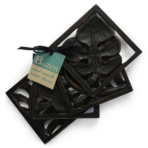 Black Leaf Wooden Coasters, Set of 4