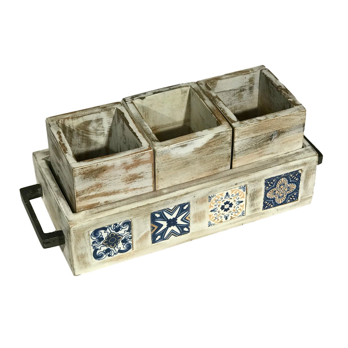 4 Piece Storage Boxes in Handled Wood Tray