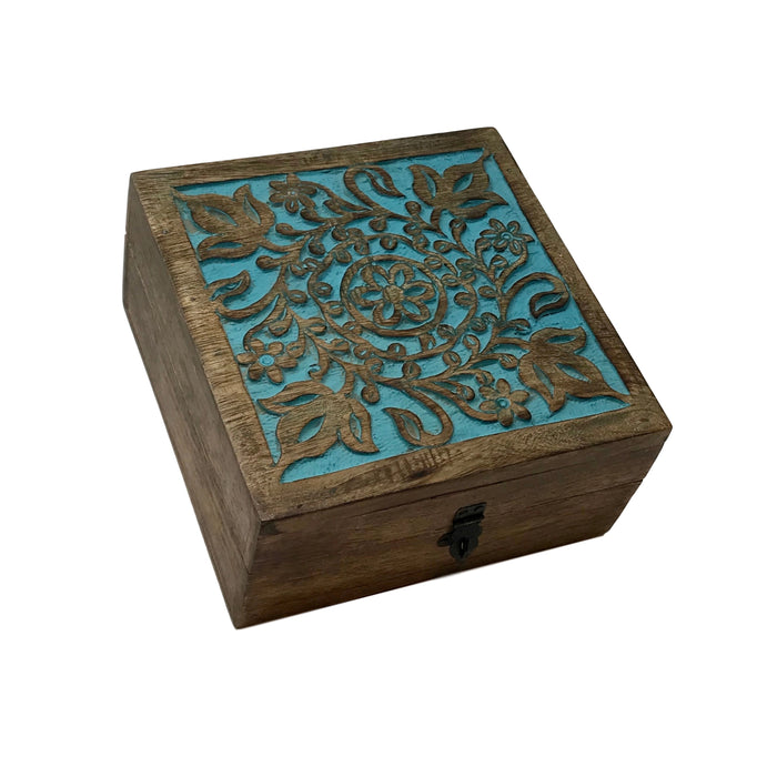 Hand-Carved Wood "Midnight Garden" Hinged Square Table Box